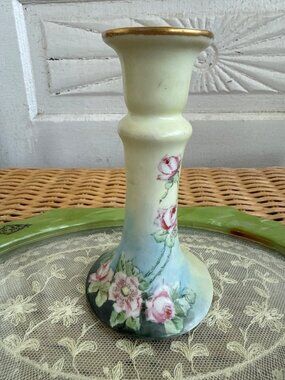 Antique 1910s French Limoges Hand Pinted Floral Porcelain Candlestick